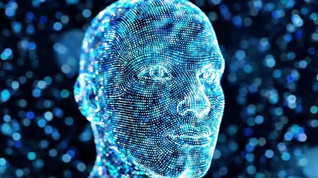 A futuristic digital illustration of a human head made up of tiny blue pixels and dots, set against a starry night sky background