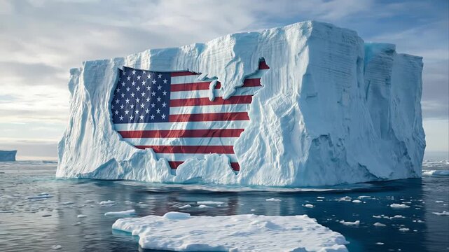 Conceptual video showing the united states map with the american flag carved into a massive iceberg floating in the cold arctic Greenland waters, representing geopolitics and territorial claims