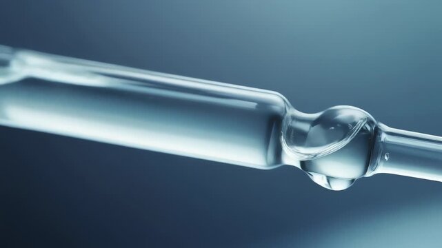 Macro view of clear glass tubing with rounded joints and flowing water droplets. in a blue ambience