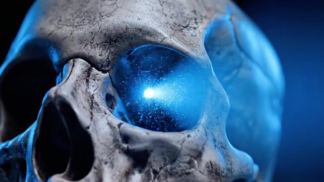 A close-up of a human skull with a glowing blue light emanating from its empty eye socket, set against a dark background