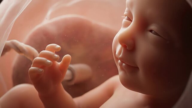 Amazing medical animation showing a developing human fetus inside the uterus, moving its hand, touching its nose and lips, and opening its eyes while floating in amniotic fluid