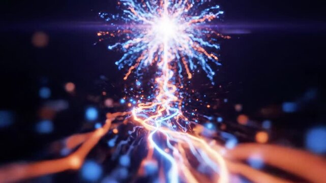 A digital abstract image with glowing blue and orange lights forming a triangular shape that converges to a point at the top, set against a dark background with scattered luminous dots and streaks