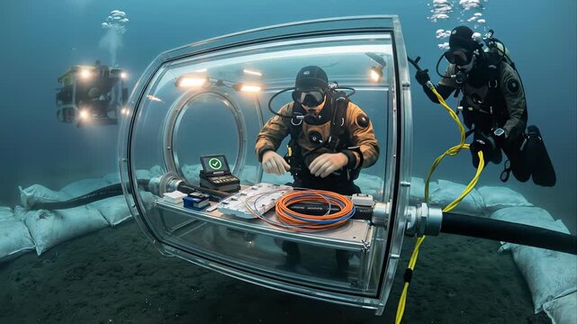 Professional divers install and splice submarine fiber optic cable from a pressurized dry chamber on the seabed, ensuring global internet connectivity and high tech undersea maintenance