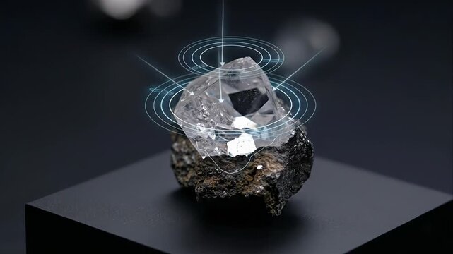 Technological scan analyzing the properties of a raw, uncut diamond embedded in a meteorite rock sample, illustrating concepts of geology, space mining, and precious gemology research