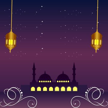 Lanterns, stars, mosque, and decorative elements on purple background. Perfect for ramadan, eid, islamic celebrations, cultural events, festive designs.