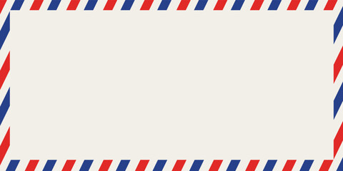 Obraz premium Postal air mail envelope frame with red and blue stripes on a white background. Vector illustration.