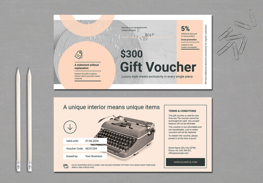 Geometrical Gift Voucher with Vintage Elements in Pale Peach Color 