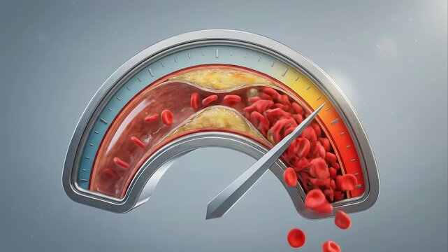 Medical animation showing a cholesterol meter indicating high levels, leading to atherosclerosis with plaque buildup, narrowing the artery, and causing blood clots and health complications