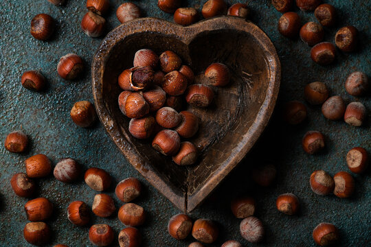 Hazelnuts in a wooden bowl