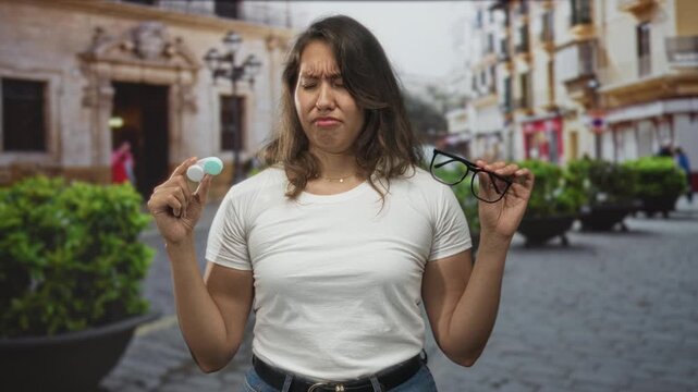 Woman holding eyeglasses and a contact lens case on a street, grimacing while comparing lenses to frames; eyewear annoyance.
