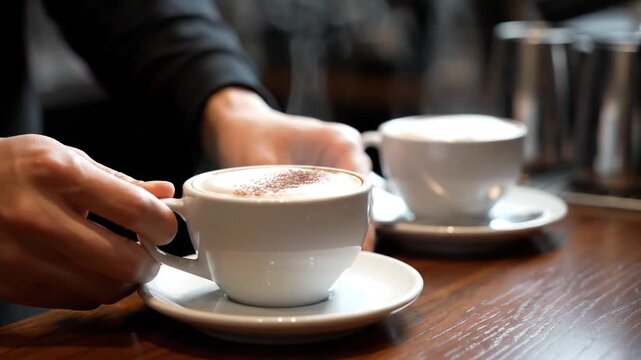 Hands gently setting down a steaming, foam-topped coffee on a rustic wooden table, capturing the essence of a comforting cafe ritual and inviting a relaxing moment