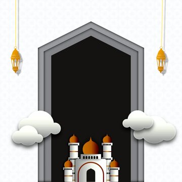 Mosque archway with clouds and gold lanterns. Perfect for ramadan, islamic festivals, religious events, cultural themes, and travel designs.