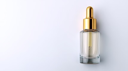 Naklejka premium Elegant glass dropper bottle on a clean soft background with a golden cap for skincare and beauty product presentation