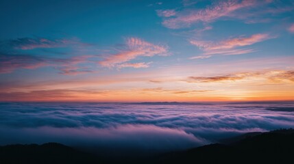 Obraz premium Dramatic clouds at sunset above fog layer