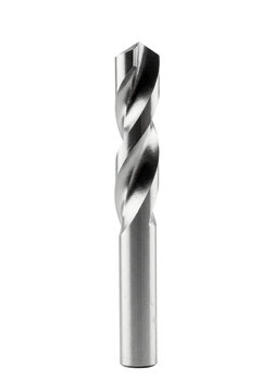 A polished silver hss spade drill bit isolated on a white background with copy space, macro shot of the sharp cutting spurs. Concept of industrial precision hardware