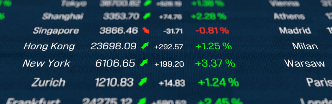 Close-up financial markets screen with global stock index data, trading board. Investment, stock exchange data, price, risk, strategy, analyzing, business. 3D illustration