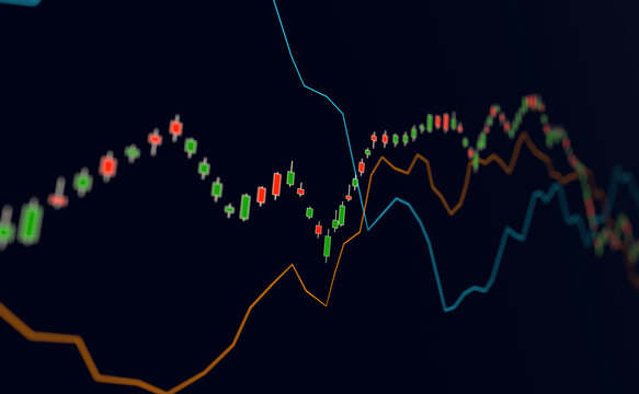 Stock market candle stick chart and two line graphes moving up and down. Trading, analyzing, stock exchange, data, investment, growth concept.