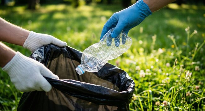 Team of environmental volunteers cleaning up public park waste with hands in protective medical gloves placing empty plastic bottle in black garbage bag for recycling representing community service an
