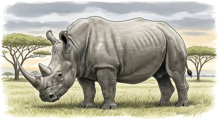 Obraz premium A detailed artistic illustration of a majestic white rhinoceros
