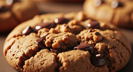 Fototapeta premium Golden Chocolate Chip Cookie Close Up on Rustic Surface