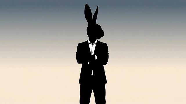 Silhouette of rabbit-headed businessman in suit, identity and duality concept
