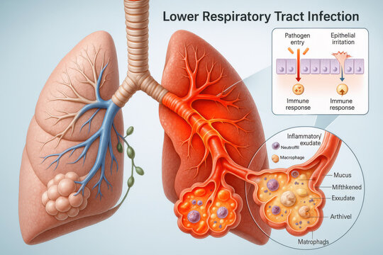 Lower Respiratory Tract Infection Medical Illustration. Detailed medical illustration of lower respiratory tract infection showing inflamed lungs, bronchial tubes and alveoli with mucus and immune re
