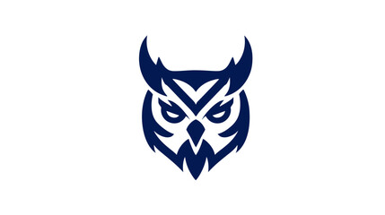 Obraz premium Stylized dark blue owl head icon with sharp features, representing wisdom, intelligence, and a predatory bird