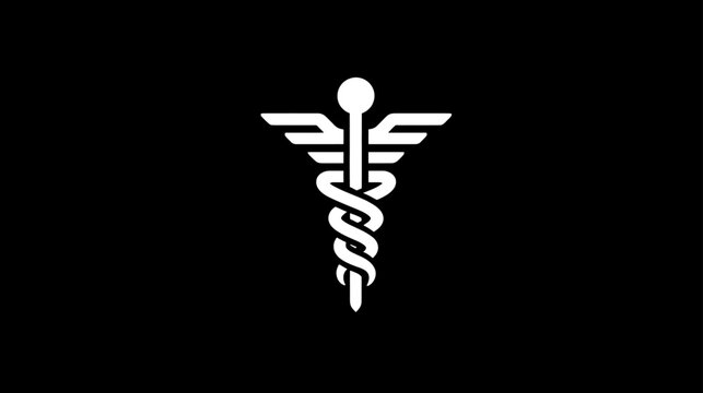 Clean white Caduceus medical symbol on a black background, representing healthcare, medicine, doctors, and well-being