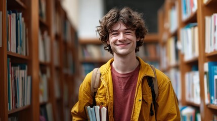 Obraz premium Handsome Smile student man with backpack and books in library, education, university, cheerful, college, happy, standing, school, backpack, attractive, enjoyment, confidence