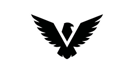 Obraz premium Black eagle or hawk silhouette with spread wings forming the letter V, a powerful minimalist vector logo icon isolated on white.