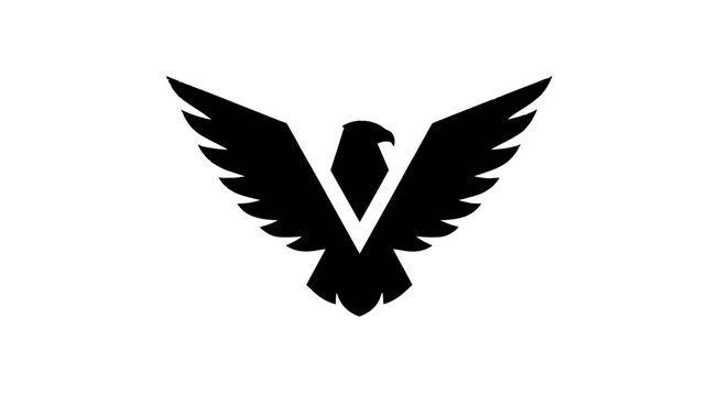 Black eagle or hawk silhouette with spread wings forming the letter V, a powerful minimalist vector logo icon isolated on white.