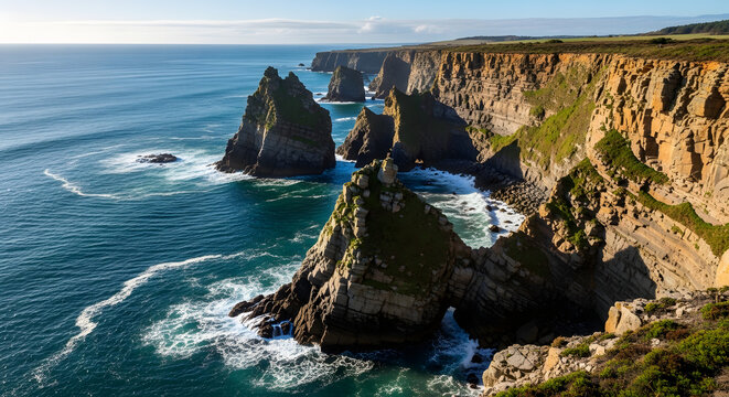 Coastal cliffs meet ocean waves under sunlight scenic nature landscape view