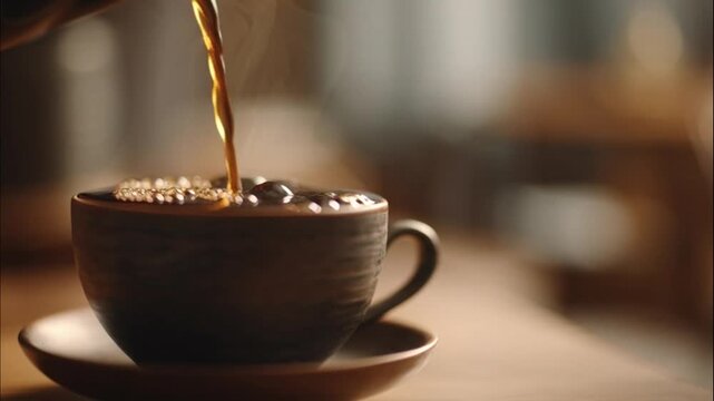 Slow morning coffee routine with glass server and ceramic mug in soft light
