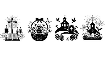 Fototapeta premium A set of four Easter themed vector illustrations featuring church and egg designs in a flat minimalist style