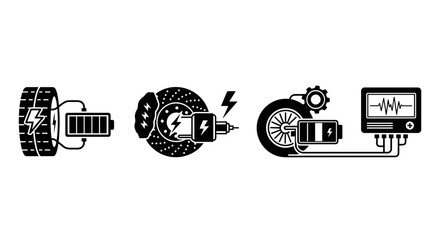 A black and white vector graphic illustration of a car's kinetic energy conversion process