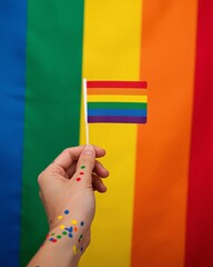 Fototapeta premium A hand proudly holding a rainbow flag in celebration of identity and equality.