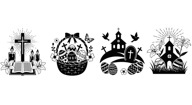 A set of four Easter themed vector illustrations featuring church and egg designs in a flat minimalist style