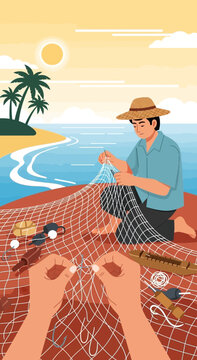 Seaside Fisherman Mending Net Under Tropical Sunside