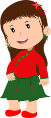 Cute Cartoon Girl in Red and Green Festive Outfit in Chinese New year 