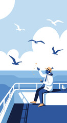 Obraz premium Serene Coastal Journey Feeding Seagulls A Moment of Peace