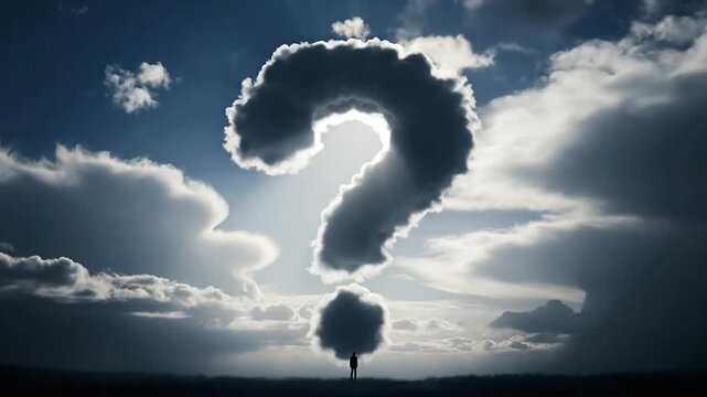 A large question mark formed by clouds in the sky, symbolizing uncertainty, decision, and choice, with a landscape view.