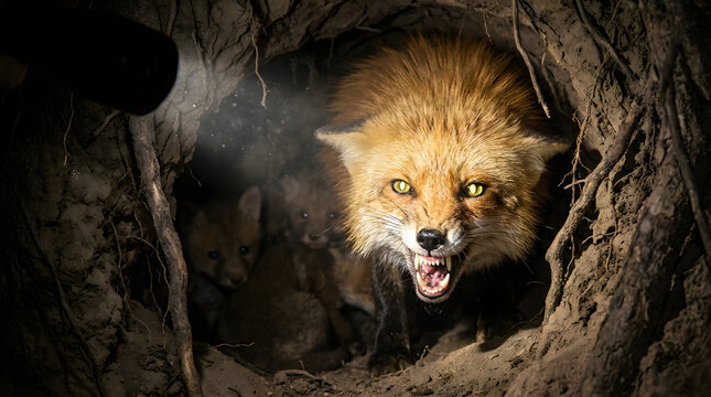 Mother fox guards her cubs in dark den entrance
