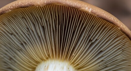 Mushroom cap underside with gills and stem attachment in natural light close up