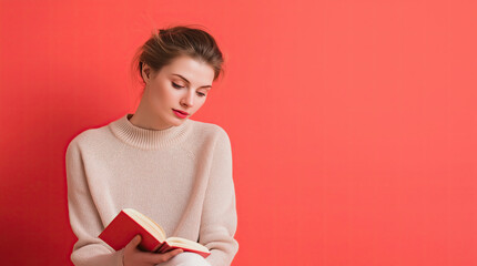 Woman sits quietly while reading a book, created AI