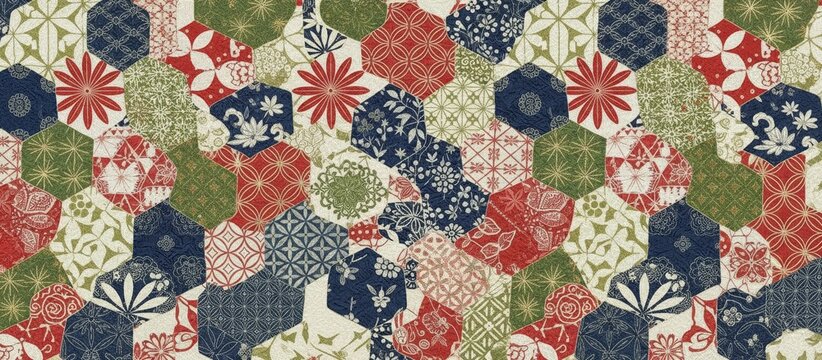 Japanese Hexagon Patchwork Pattern With Traditional Ornaments. Japanese Patterns