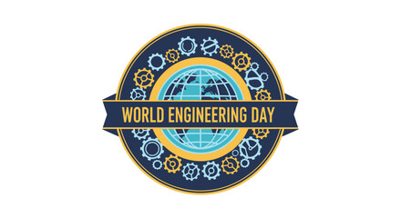 World Engineering Day Emblem with Globe and Gears, Blue and Yellow Industrial Design, Isolated White Background