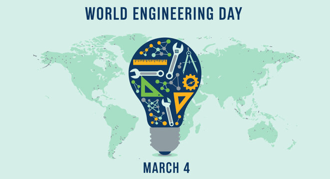 World Engineering Day Concept with Light Bulb and Technical Tools on Global Map for March 4