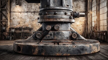 Massive Industrial Drill Press Base with Heavy Anchoring Mechanism in a Vintage Workshop Setting