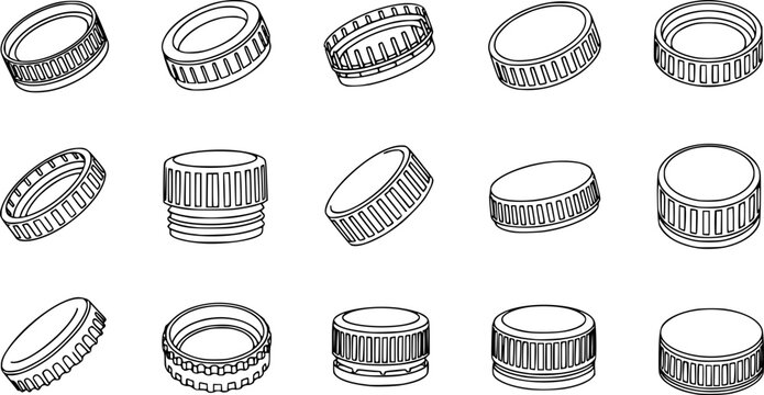 Bottle caps isolated outline set icon.