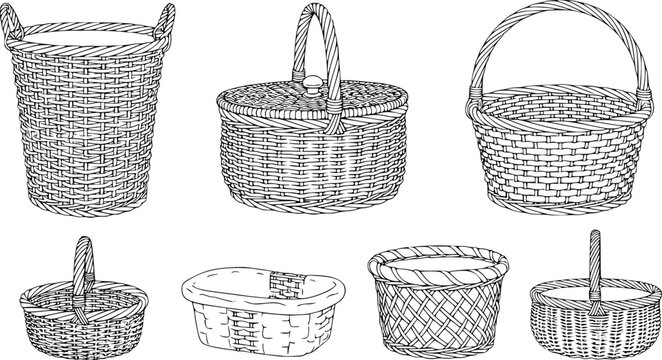 Wicker basket vector outline set icon. Vector illustration basketry on white background. Isolated outline set icon wicker basket .
